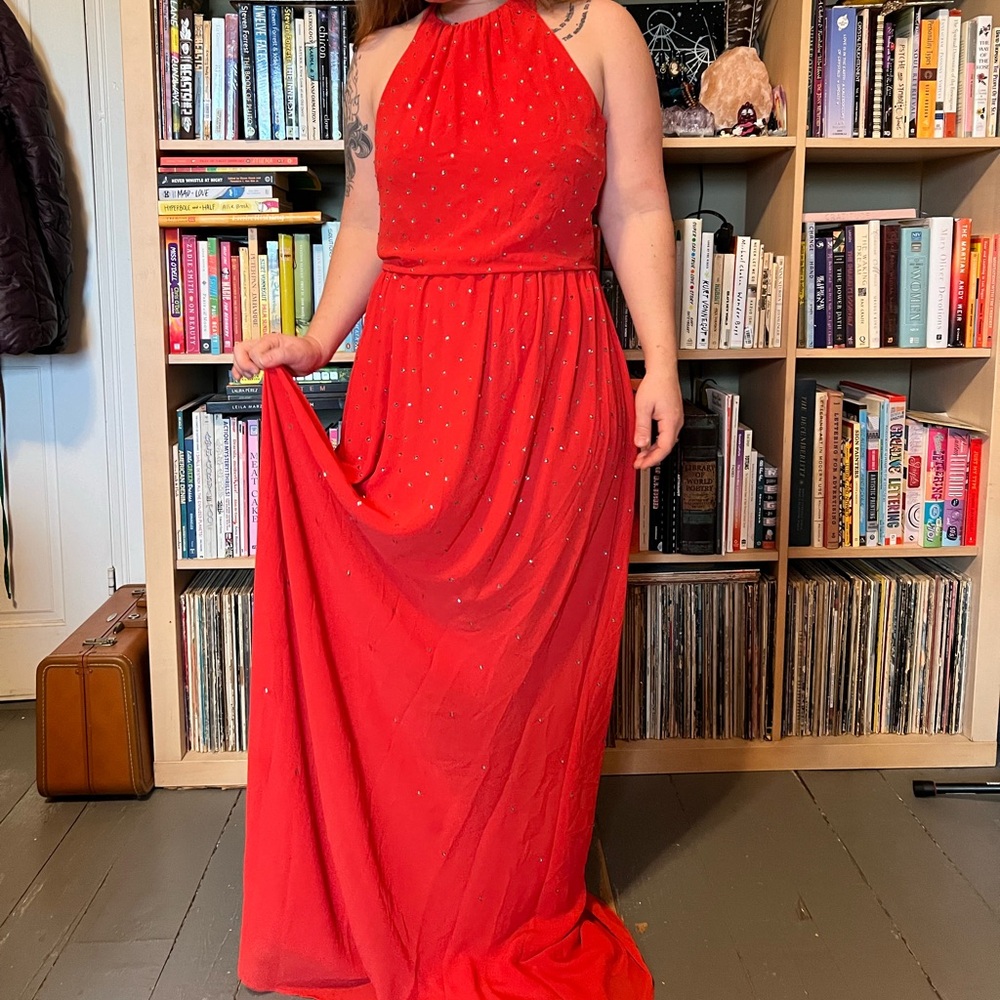 NWT Erin Featherston red silk and rhinestone maxi halter dress